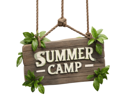 Wooden sign with summer camp text hanging by ropes
