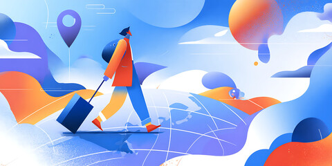 Person traveling with luggage, abstract world map background