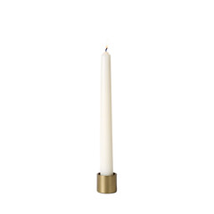 Elegant white candle in a gold holder radiating a soft glow against a pristine white backdrop, isolated