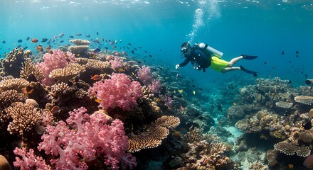 Fototapeta premium Breathtaking underwater scene of a scuba diver exploring a vibrant coral reef ecosystem teeming with marine life