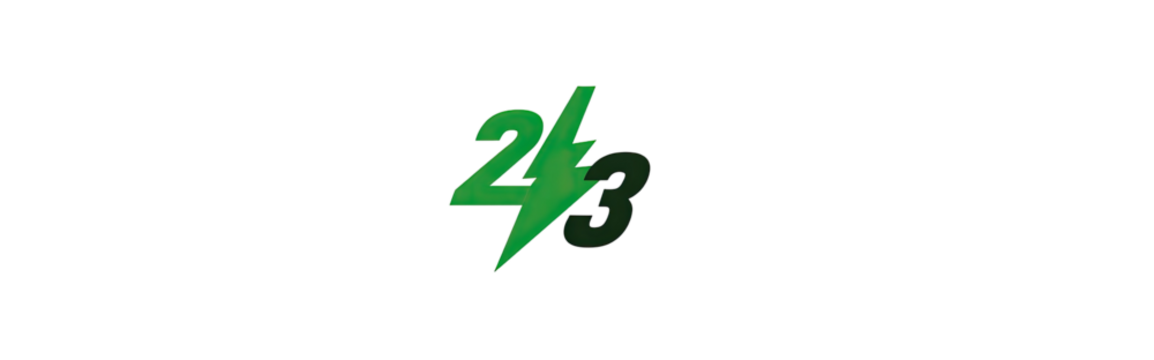 Green numbers 2 and 3 with lightning bolt design on black background