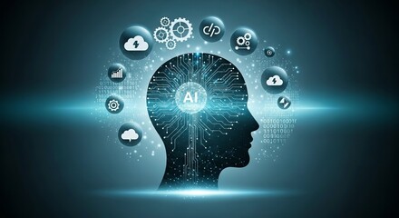 Artificial intelligence brain with technology icons and data flow in a futuristic digital network