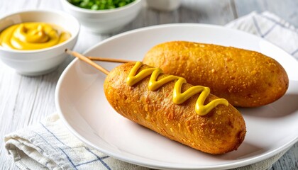 Crispy corn dogs with mustard on plate.