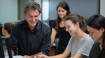 Students work with a professor, the collaborative scene illuminated by gentle light. Students, professor, with copy space
