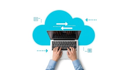 Overhead view of hands typing on a laptop with a bright blue cloud icon symbolizing data transfer and cloud computing services on a white background