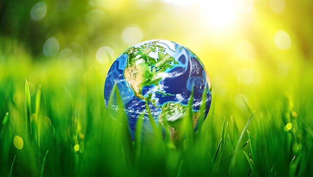 our planet earth glowing in the sunlight surrounded by lush green grass