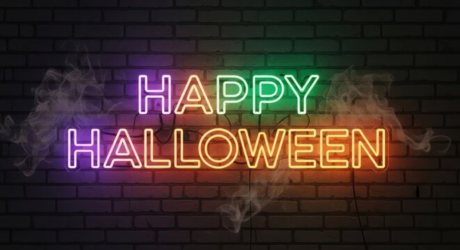 Vibrant Neon Happy Halloween Sign on Brick Wall with Smoke Effect, Festive Holiday Decoration