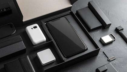 Modern smartphone with accessories in packaging.
