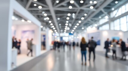 A blurred and defocused bokeh background, depicting a business trade show in a modern white interior architecture.