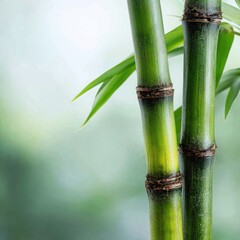 Close-up of vibrant green bamboo stalks, with fresh leaves.  Soft, out-of-focus background of greenery