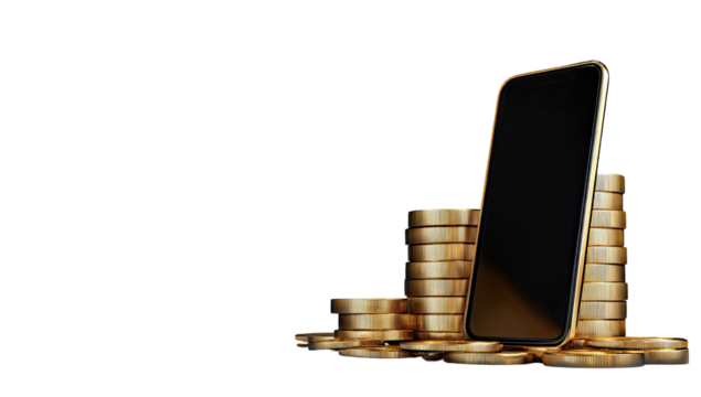 Smartphone resting on a stack of gold coins
