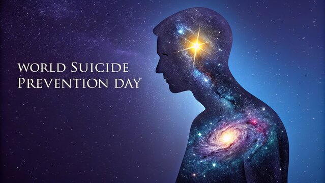 World Suicide Prevention Day, Artistic illustration of glowing human silhouette filled with radiant positive energy.