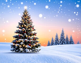 Snowy Christmas tree landscape at dawn