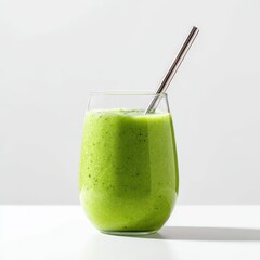 Vibrant Green Smoothie in a Clear Glass with a Metal Straw