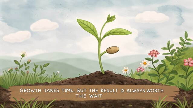 Inspirational Quote on Growth with Sprouting Plant Illustration. - Powered by Adobe