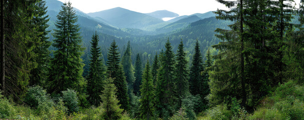 Lush green forest with misty mountains