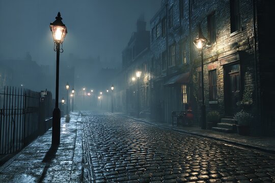 Foggy Victorian London cobblestone street with gas lamps and dark stone buildings, atmospheric night scene