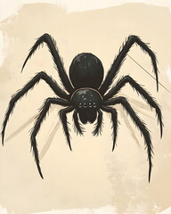 Obraz premium Cute yet spooky Halloween spider sticker with long legs in playful whimsical style, soft pastel tones, flat colors, bold lines, clean outline and white border, perfect for festive seasonal decoration 