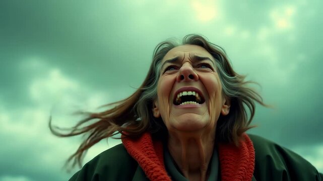 Elderly woman struggles against strong winds and storm clouds in a dramatic outdoor moment