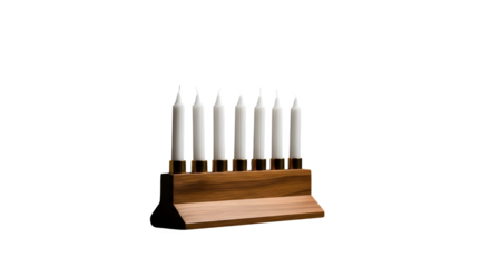A wooden menorah with unlit candles isolated on transparent background