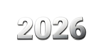 Isolated metallic silver chrome 2026 year number on transparent background