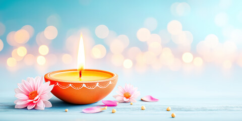 Oil lamp with flowers and bokeh on blue background