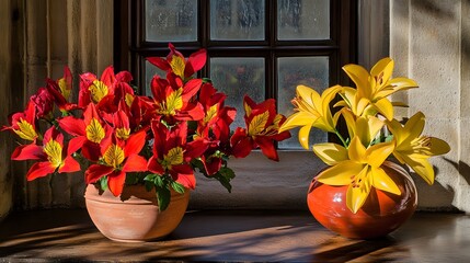 Vibrant Red and Yellow Lilies in Sunlit Window