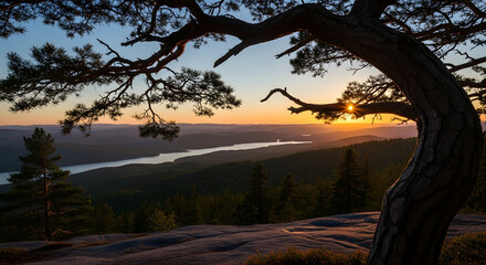 Panoramic vista showcasing lake nestled between hills at twilight, accented by a silhouetted tree with sunbeams peering through its branches, capturing the essence of tranquil serenity and the