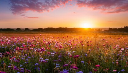 Fototapeta premium stunning sunset over wildflowers in a summer field vertical background with copy space