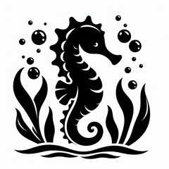 Black silhouette of a seahorse surrounded by seaweed and bubbles