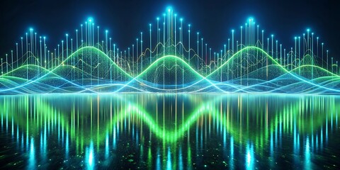 Fototapeta premium Abstract digital waveform with glowing green and blue lines reflecting on a dark surface, representing data or sound.