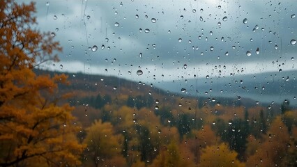 A picturesque autumn vista seen through a rain-streaked window, featuring vibrant orange and yellow trees across rolling hills under a cloudy sky, creating a tranquil and moody scene.