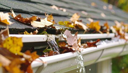 Overflowing gutter with fall leaves, water pouring from a roof, blurred background