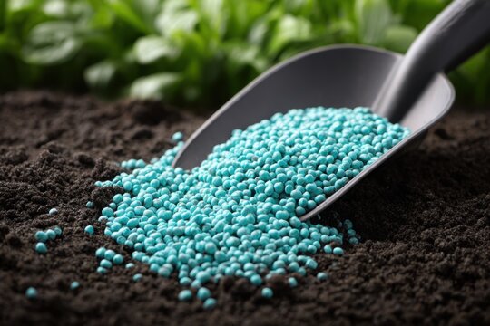 Green scoop with fertilizer blue granules. Granular chemical fertiliser for plant over soil background. Role of nutrients mineral in plants growth, soil life. Space for text. Gardening time. Planting