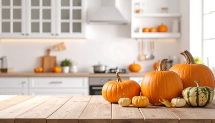 Interior shot of a kitchen with pumpkins on a wooden table, creating a fall setting