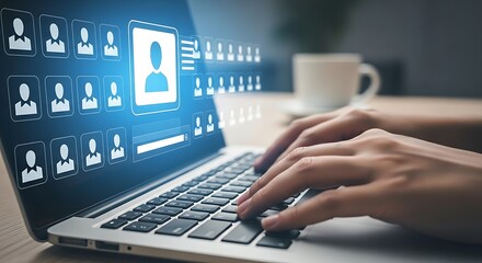 Close up of hands typing on a laptop displaying a digital network of people icons and profile information on a dark background with a blurred coffee cup in the background
