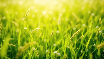 Sunlight illuminates vibrant green grass, creating a tranquil and serene nature scene, evoking feelings of peace and natural beauty
