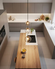 Modern Minimalist Kitchen with Taupe Cabinets and Central Wooden Island