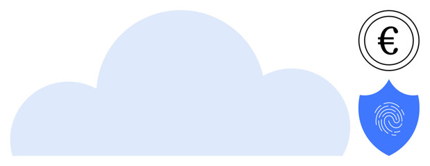 Cloud with blue security shield displaying fingerprint and euro icon. Ideal for data protection, cybersecurity, digital finance, cloud solutions, encryption, compliance, privacy. Simple flat metaphor