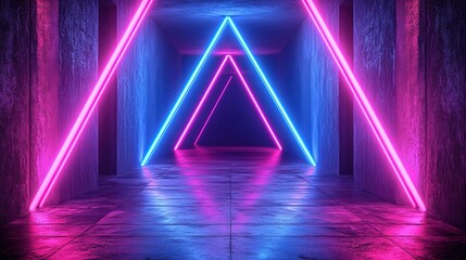 Fototapeta premium Neon - Lit Triangular Tunnel in a Concrete Space