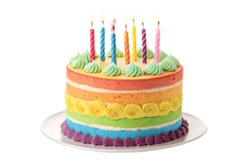 Colorful birthday cake with candles. isolated on white background.