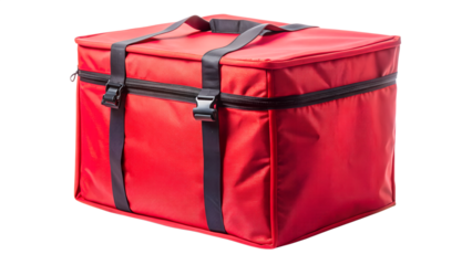 Red insulated delivery bag for food orders, takeout, and restaurant service isolated on transparent background for commercial use