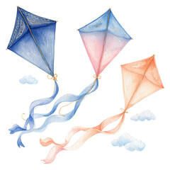 Three kites in the sky with flowing ribbons