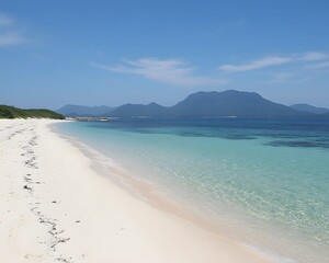 Serene Tropical Beach Scene with Clear Water and Mountain View
