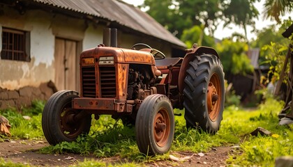 Naklejka premium An aged, rusty tractor sits near a weathered building with wooden doors and a lush green landscape