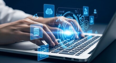 Close up of hands typing on a laptop with futuristic glowing blue digital data streams and icons emanating from the screen representing technology and innovation