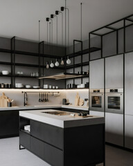 Industrial Minimalist Kitchen with Concrete Surfaces and Black Steel Accents