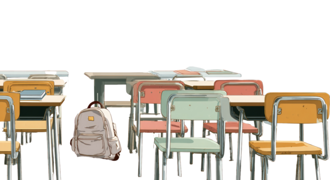 A classroom scene with desks and chairs