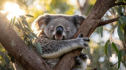 Obraz premium An image of a sleepy koala clutching a eucalyptus branch while resting in the crook of a tree