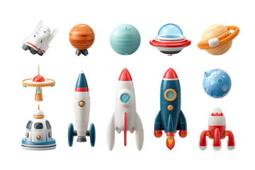 Cartoonish space objects arranged on a dark background